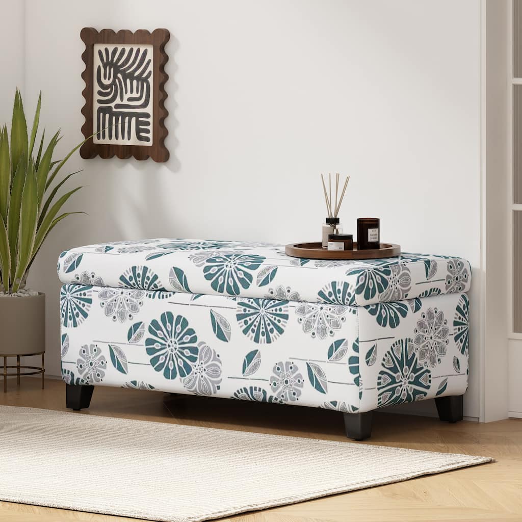 Roomfitters Upholstered Storage Ottoman Bench with Hinged Lid, Floral Fabric Accent Seat for Living Room or Bedroom