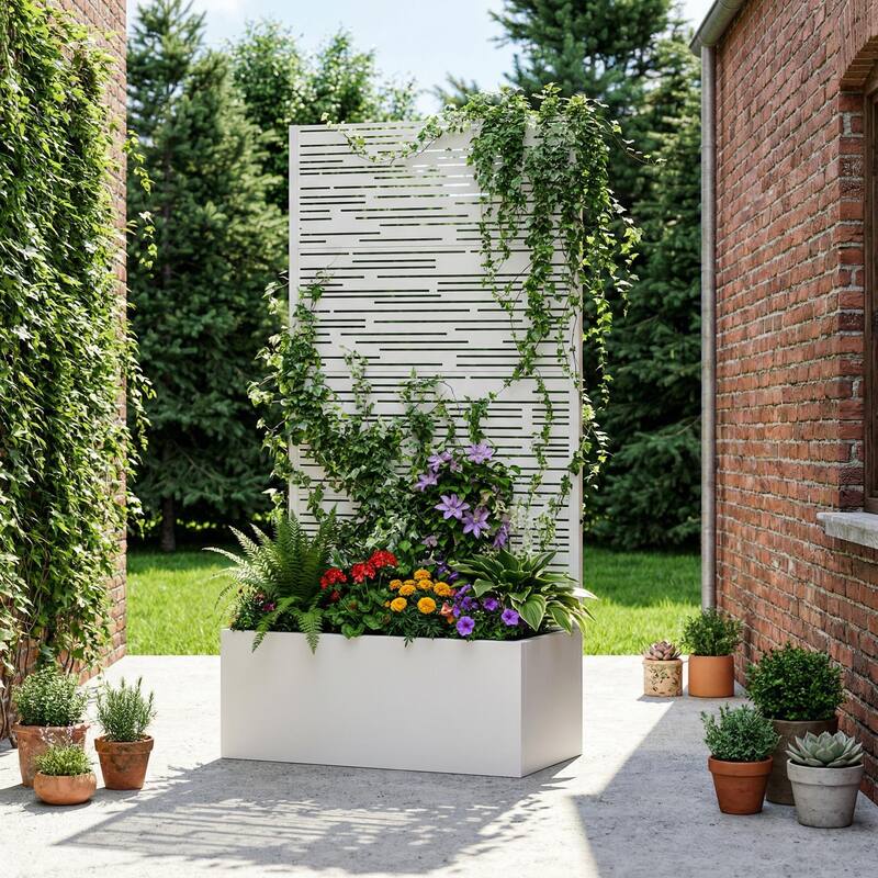 Metal Galvanized Planter Box with Trellis Privacy Screen Lockable Wheels - White