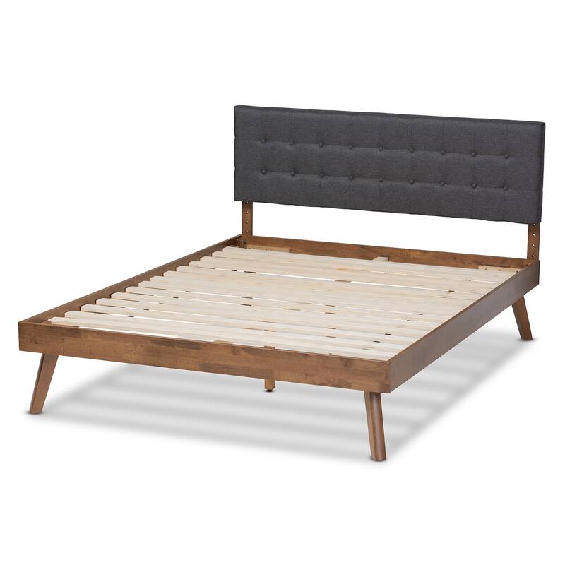 Dark Grey Fabric Upholstered Walnut Brown King Size Platform Bed with Mid-Century Modern Design
