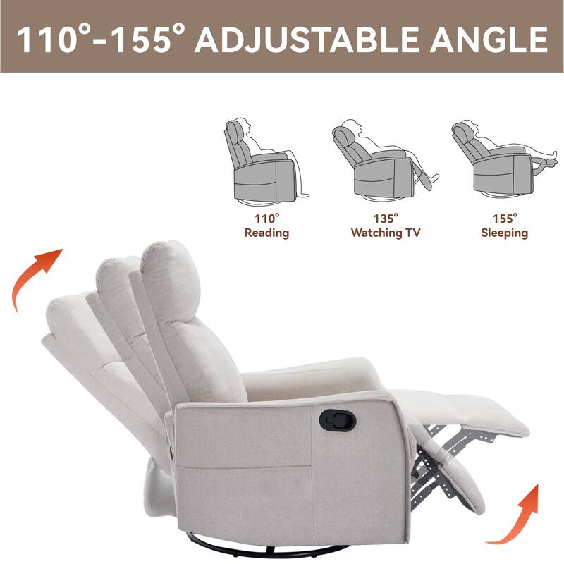 Roomfitters Swivel Rocker Recliner Chair, Manual Massage Glider Armchair with Heat & Vibration, Fabric Living Room Sofa