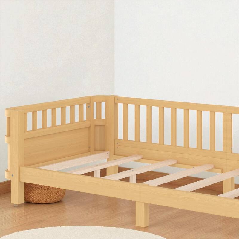 Wood Platform Bed with Guardrails & Detachable Fence, Twin/Full/Twin XL/Queen Size Kids Bed, Safety Design, No Box Spring