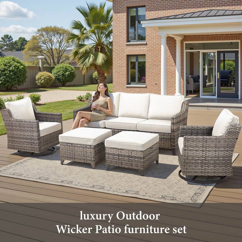 Glissia 5-Piece Gray Wicker Patio Conversation Set with Swivel Gliders and Ottomans