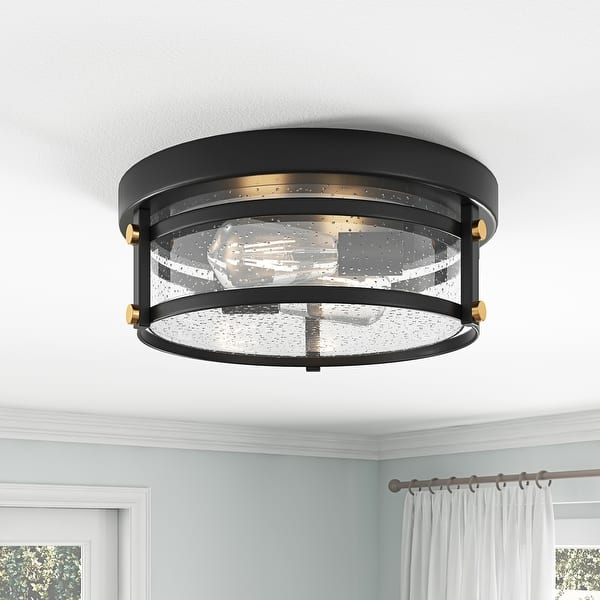 Farmhouse Matte Black 2-Light Seeded Glass Flush Mount Ceiling Lighting ...
