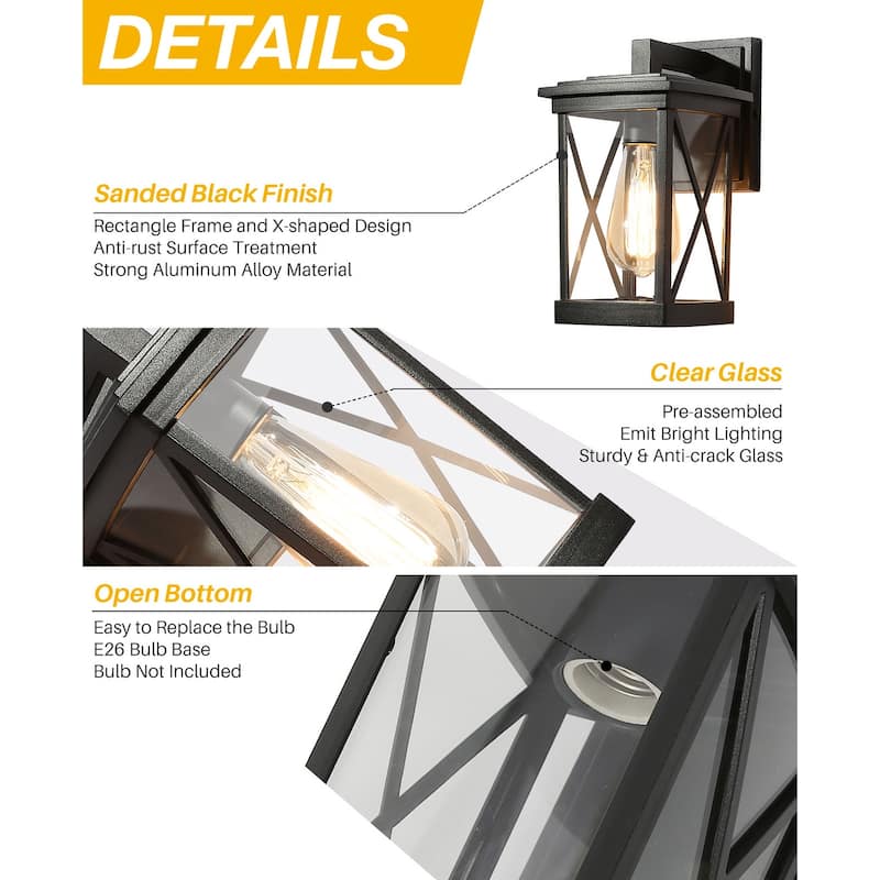 Bern 1-pack Modern Black X-shape Outdoor Wall Lantern Square Glass Wall Sconces - L 6" * W 7" * H 11"