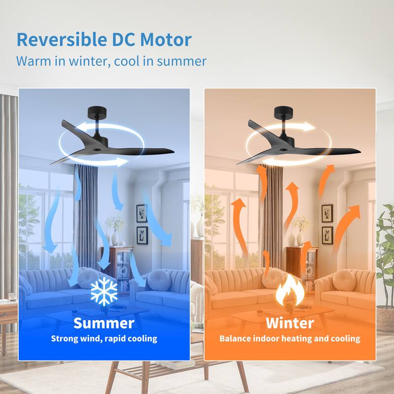 52" Outdoor black Ceiling Fan Without Light with Remote Control ,3 ABS Blades Farmhouse Ceiling Fan 6-speed Reversible DC Motor