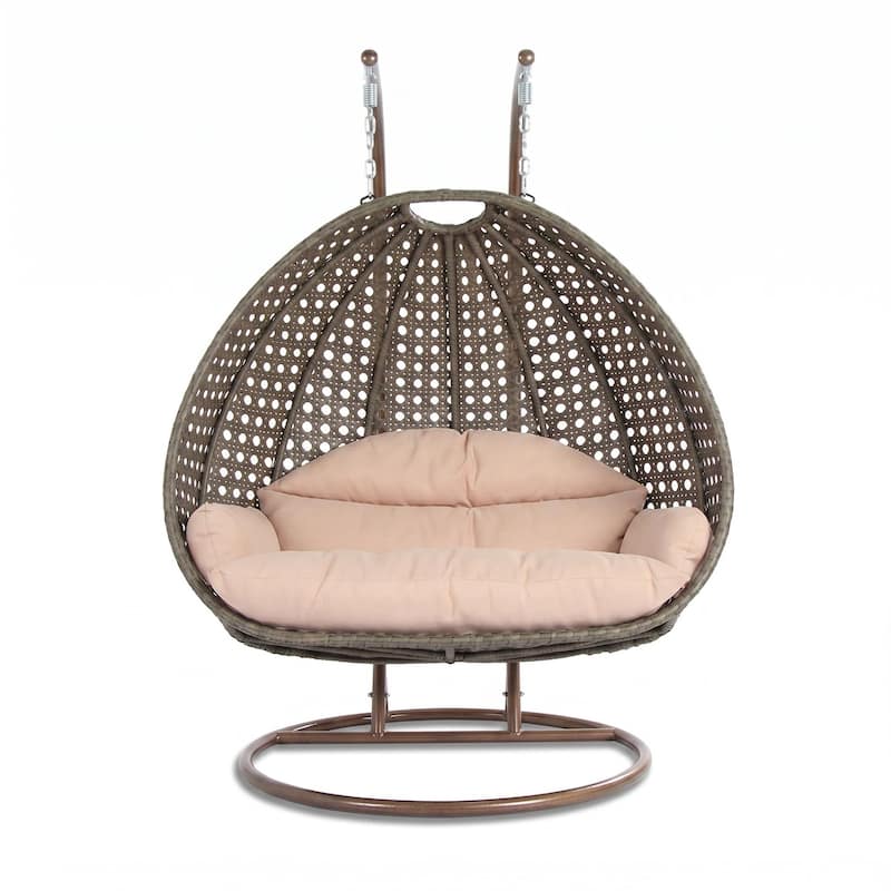 LeisureMod Double Egg Chair - 2-Person Wicker Swing with Heavy-Duty Stand & Cushions - Large Indoor/Outdoor Patio Hammock