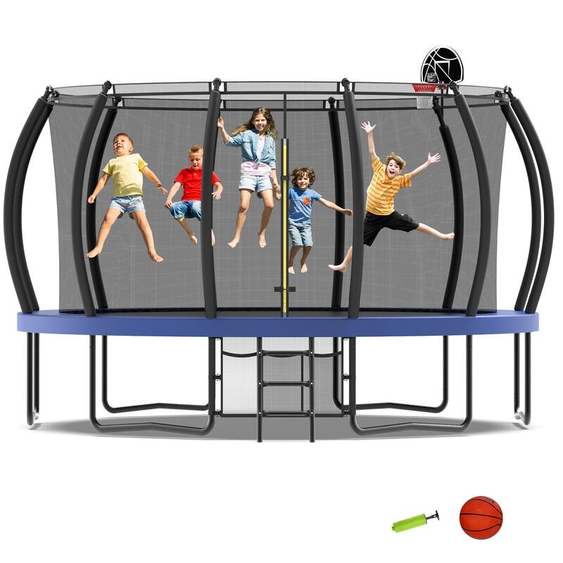 12ft/14ft/15ft/16ft Trampoline for Kids and Adults, Outdoor Trampolines with Curved Poles, Pumpkin Shaped - Blue - 15FT