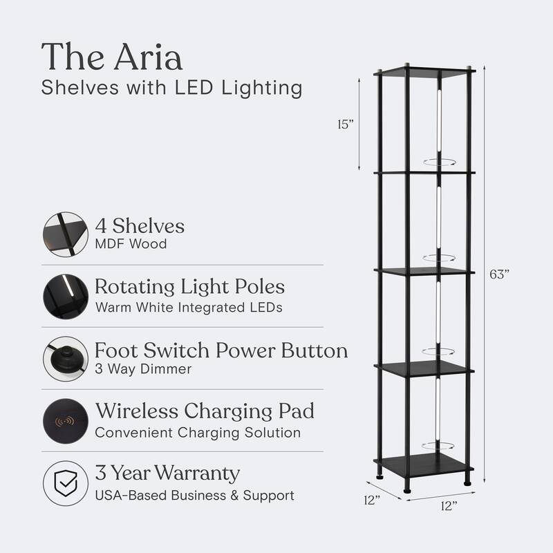 Brightech Aria 63 in. Classic Black Mid-Century Modern 4-Light 3-Way Dimming LED Shelf Floor Lamp with Built-In Wireless Charger