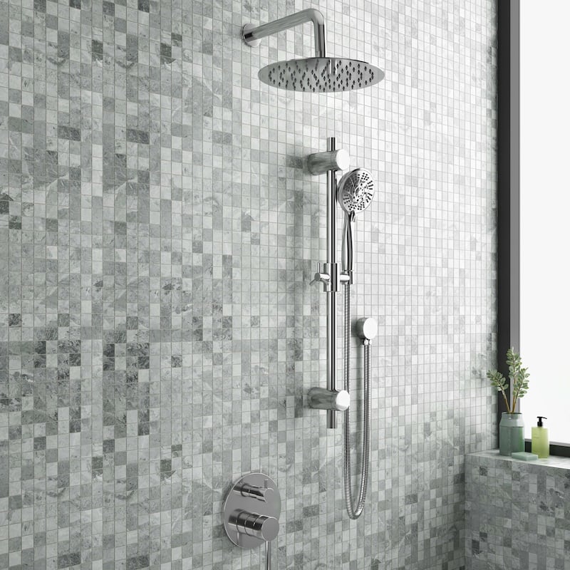 Refuge 10-in Rain Showerhead Combo with Adjustable Handshower Slide Bar and Pressure Balanced Mixing Valve Chrome 1.8 GPM