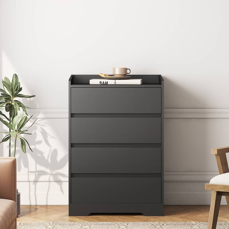 Modern 4-Drawer Dresser – Handle-Free Black Wooden Chest with Waterproof Finish & Sturdy Frame for Bedroom, Office, or Entryway‌ - Black