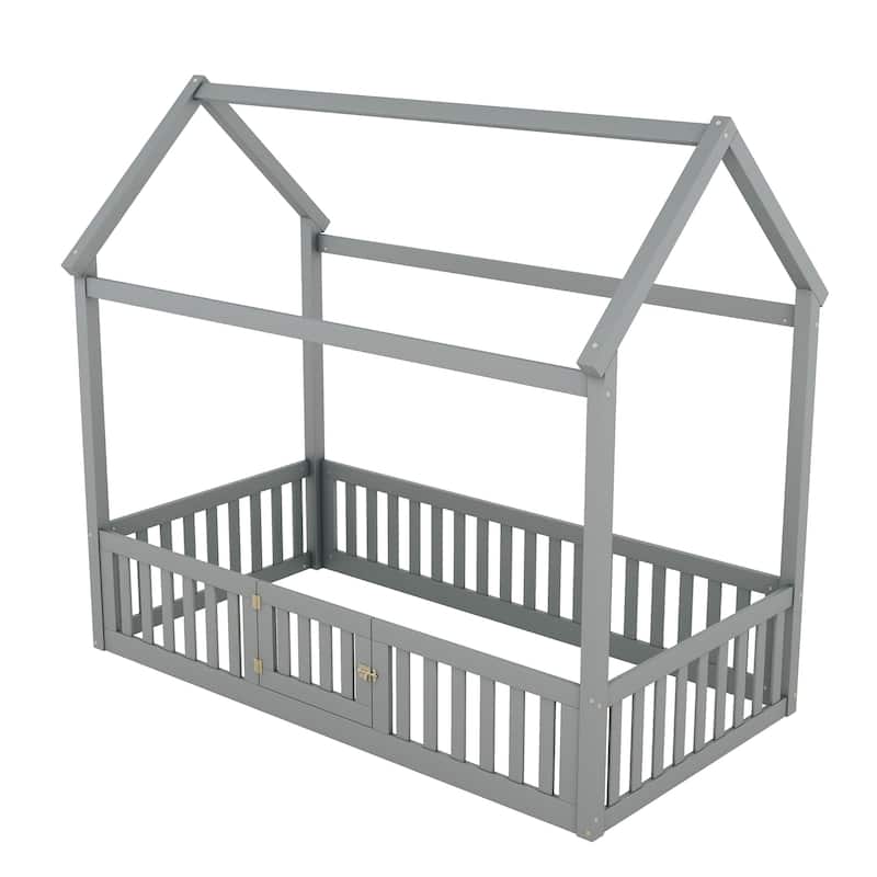 Twin House Platform Bed with Roof, Fence and Door, Distressed Washed Finish, Imaginative Bed for Kids' Playrooms