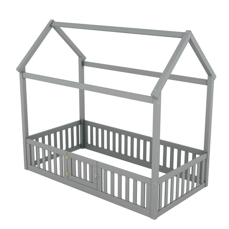 Twin Size Gray Wooden House Bed with Fence and Door for Kids