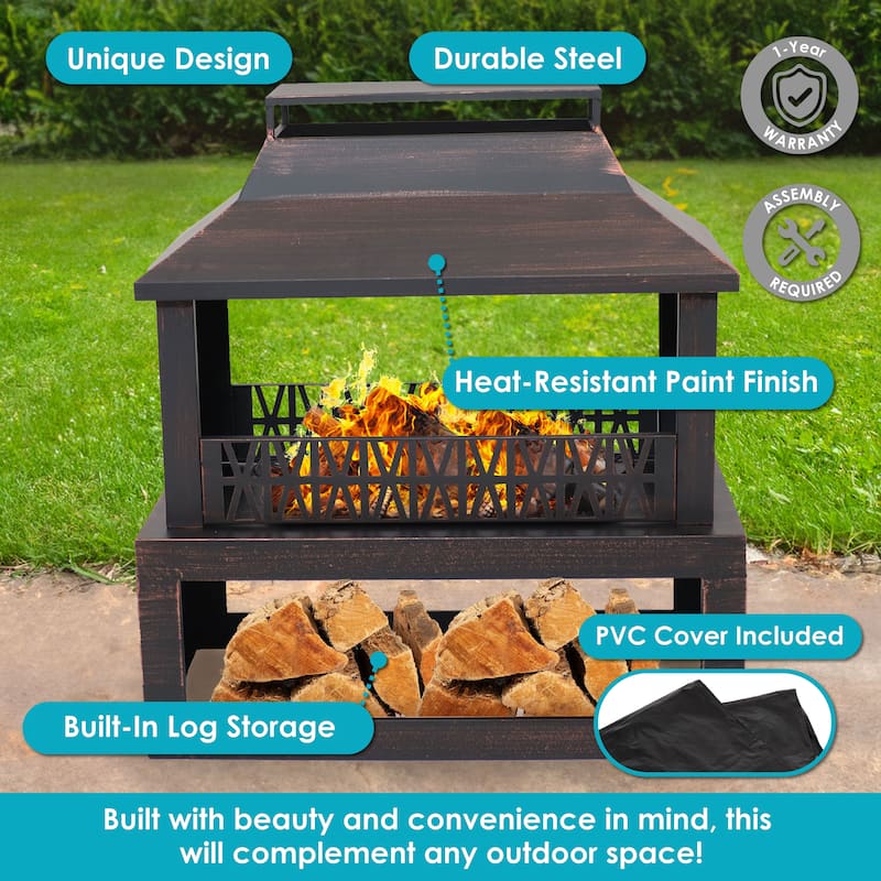 Bronze Steel Outdoor Fireplace with Log Storage - 35" H