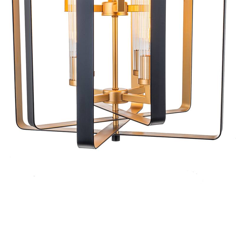 19.7" 8-Light Modern Black Gold Pendant Light with Ribbed Glass Tubes - Dia.19.5-in