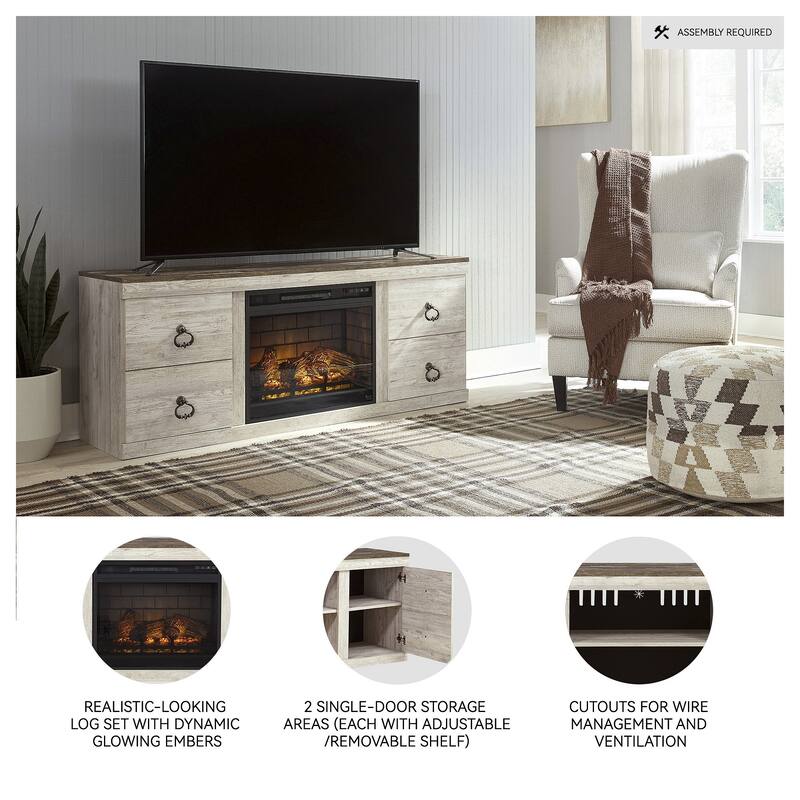 Signature Design by Ashley Willowton Whitewash 60" TV Stand for TVs up to 69" with Electric Fireplace - 60"W x 15"D x 24.5"H