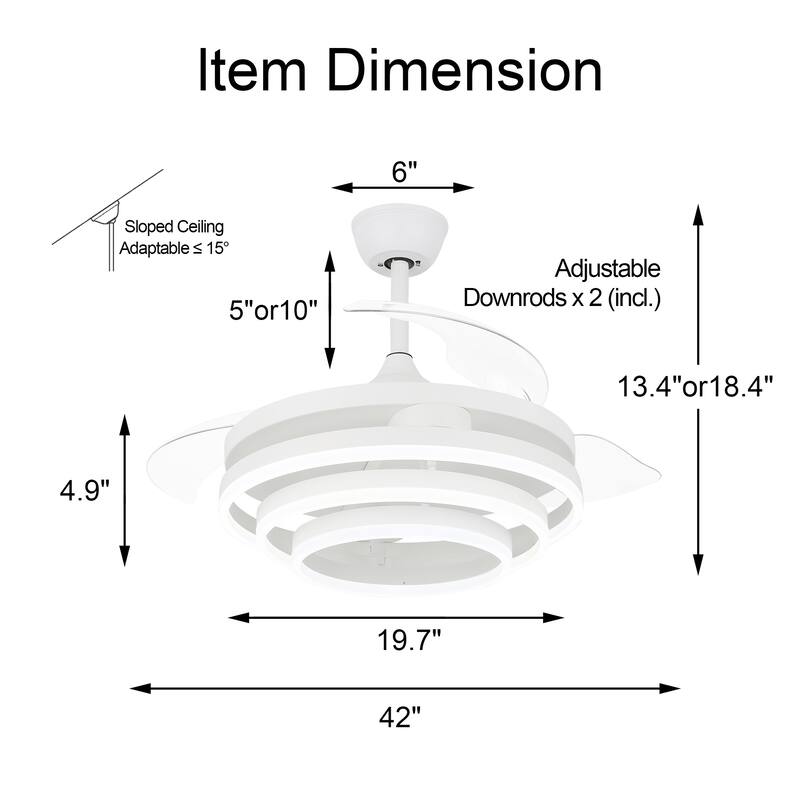 Bella Depot 42" Modern Retractable DIY Shape Ceiling Fan with Remote, 6-Speed Reversible Ceiling Fan with LED Light