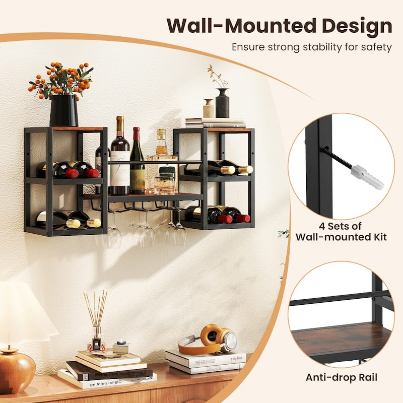 Rustic Brown Wood Wall Wine Rack with Glass Holders and Metal Frame - 35" L x 10" W x 16" H