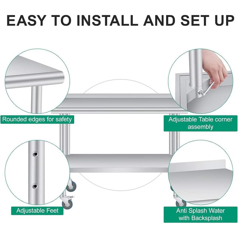 tainless Steel Work Table with Backsplash, Adjustable Under Shelf