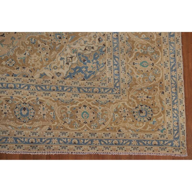 Hand Knotted Oriental 100% Wool Carpet Traditional Floral Beige & Ivories Kashan Area Rug - 13' 3'' X 9' 8''