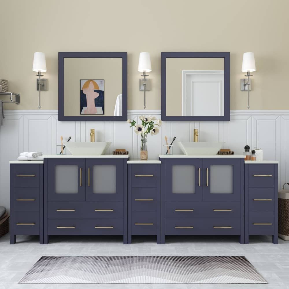 Vanity Art 96-inch Double Sink Bathroom Vanity Set with Engineered Marble Top and Free Mirror - 96 x 18.5 x 36 Inches