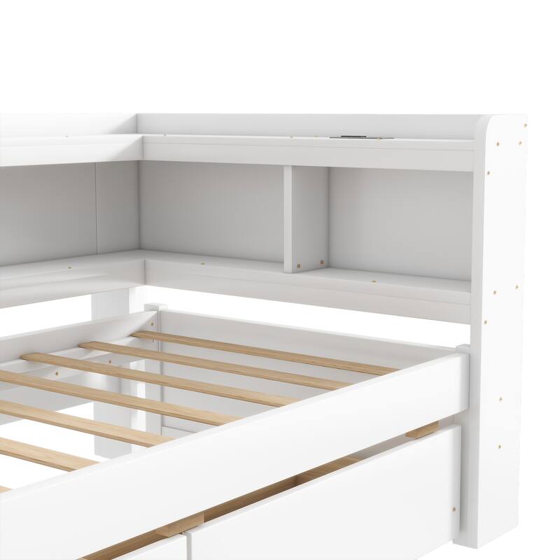 Corner Daybed Bookcases Bed with Power Outlets and Charging Ports, L-Shaped Storage Bed Frame Captains Bed with 2 Drawers