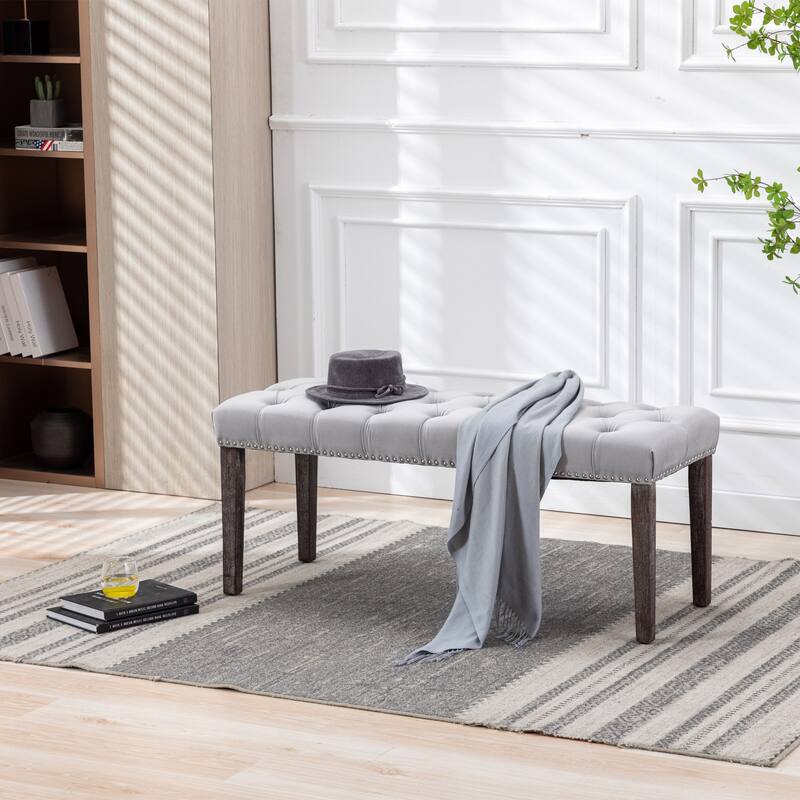 Upholstered Tufted Bench Ottoman Footrest Stool Accent Bench - LIGHT GREY