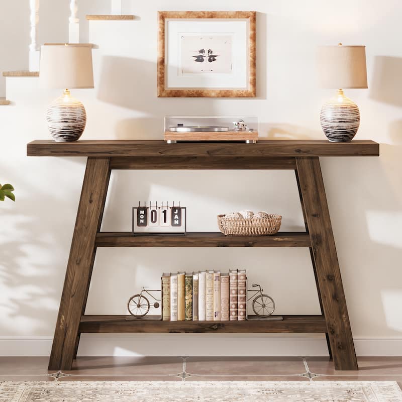 Solid Wood Console Table with 3-Tier Storage Shelves - /
