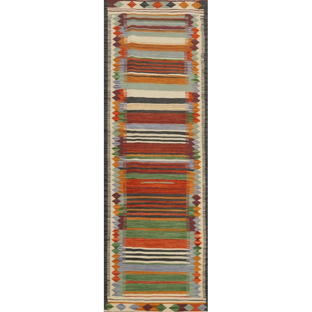 Hand Woven Oriental 100% Wool Carpet Southwestern Tribal Multi-Colored Kilim Runner Rug - 8' 2'' X 2' 3''