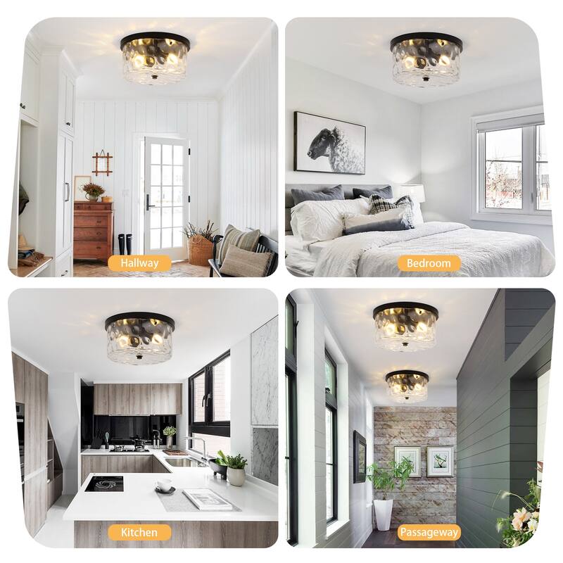 2-Light Flush Mount Ceiling Light with Clear Hammered Glass - N/A