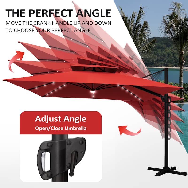 Pellebant 11X11 FT Outdoor Square Cantilever Patio Umbrella Solar LED Lighted with Wheel Base