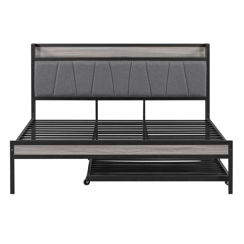 HomeRoots Black and Gray Metal And Upholstery Queen Bed Frame With Trundle