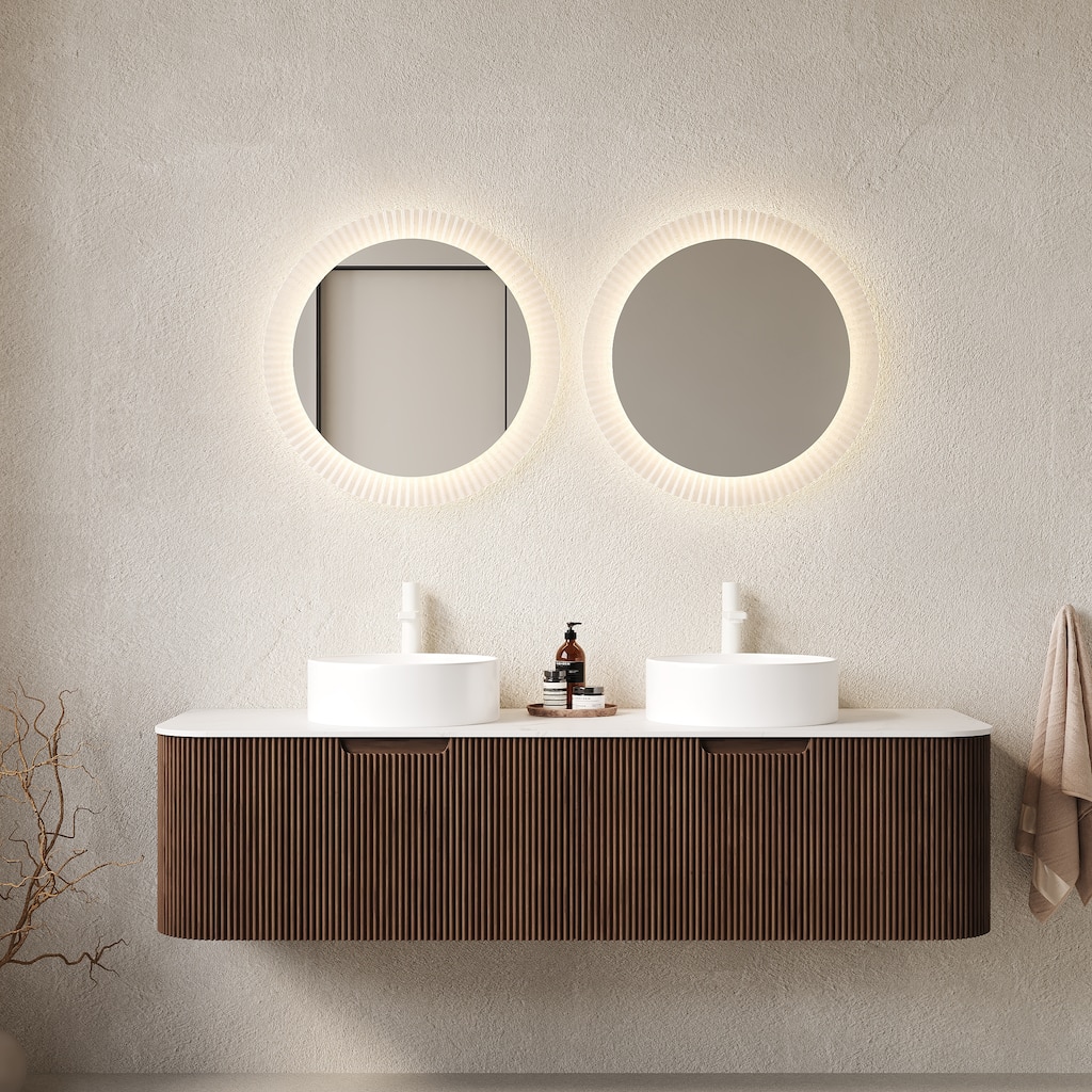 GDFStudio - Dina 60" Floating Bathroom Vanity with Striped Curved Drawers & 2 White Round Ceramic Basins, WITHOUT Faucet