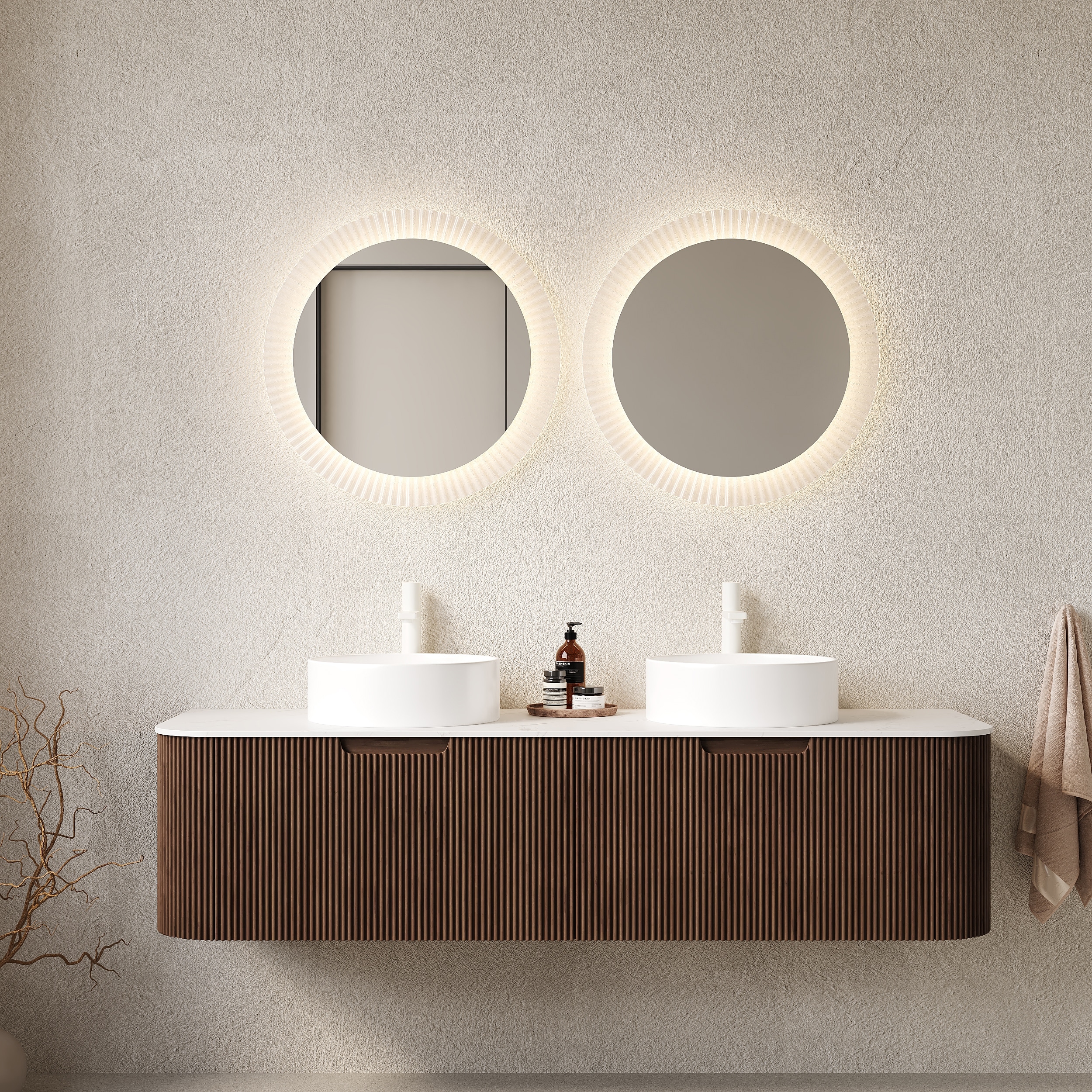 GDFStudio - Dina 60" Floating Bathroom Vanity with Striped Curved Drawers & 2 White Round Ceramic Basins, WITHOUT Faucet
