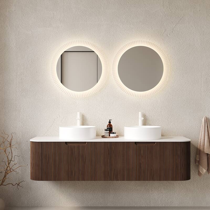 GDFStudio - Dina 60" Floating Bathroom Vanity with Striped Curved Drawers & 2 White Round Ceramic Basins, WITHOUT Faucet - Dark Walnut