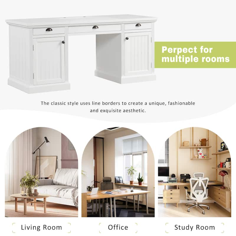 67-Inch Modern Executive Computer Desk with 2 Wooden Doors Storage Cabinet & 3 Drawers