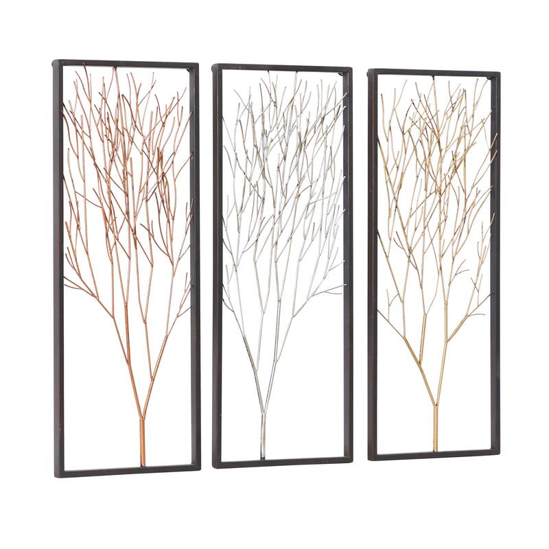 Black Metal Branch Tree Home Wall Decor with Metallic Copper, Silver, and Gold (Set of 3)