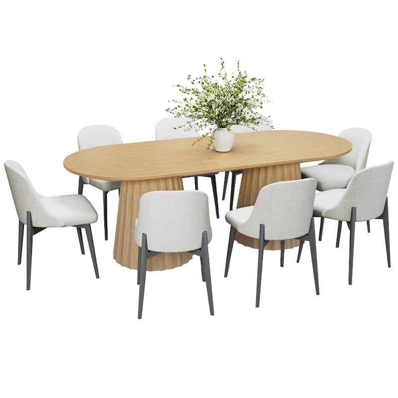 86" Modern Oval Dining Table Set with 8 Upholstered Chairs Textured Wood Top & Dual Pleated Pedestal Base