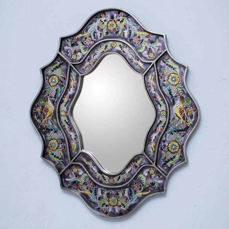 NOVICA 'Spring Violets' Handmade Reverse-painted Glass Wall Mirror - 9.75" W x 13.25" H