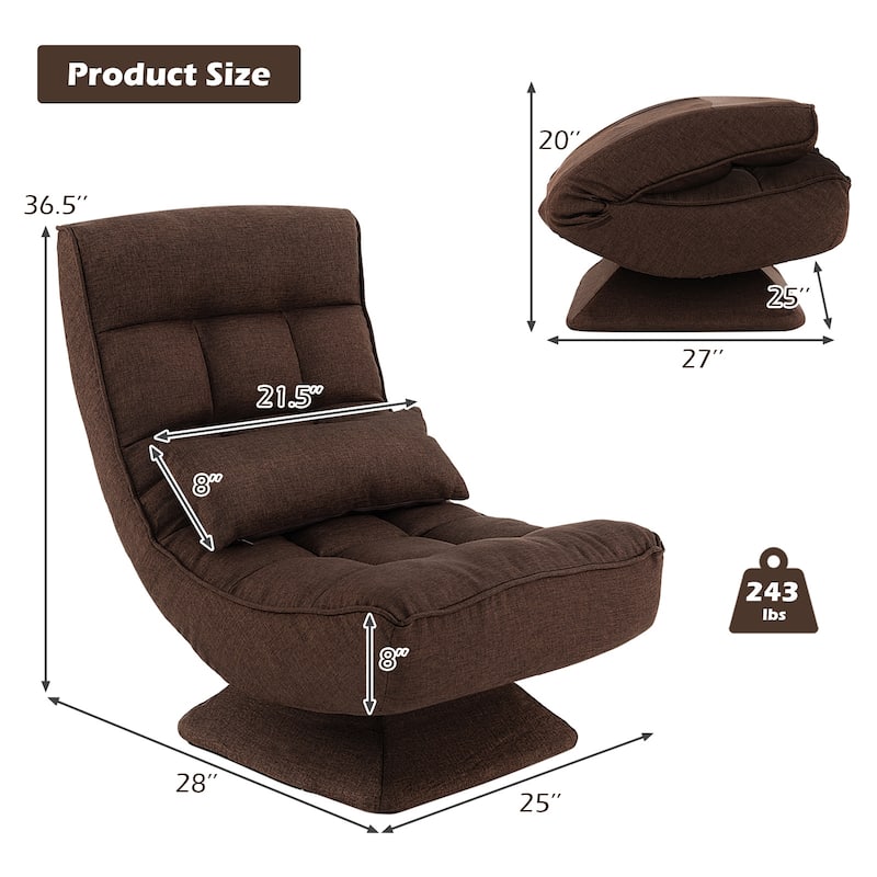 Polyester Swivel Floor Chair with 5-Position Adjustable Recline and Lumbar Pillow