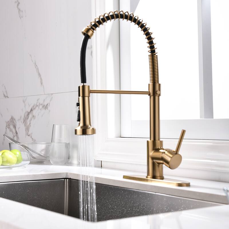 Commercial Brushed Nickel Kitchen Faucet with Pull Down Sprayer, Single Handle Single Lever Kitchen Sink Faucet with Deck Plate - Brushed Gold