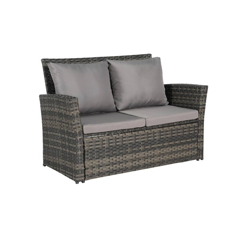 4 Piece Outdoor Rattan Conversation Furniture Sets, All Weather Patio Wicker Chair Set with Tempered Glass Coffee Table