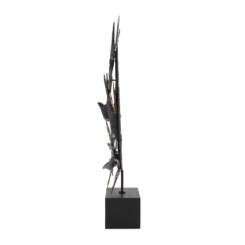 Metal Bird Metallic Flying Sculpture with Black Block Base - Black - Roche River Decor - 4"W x 20"L x 19"H