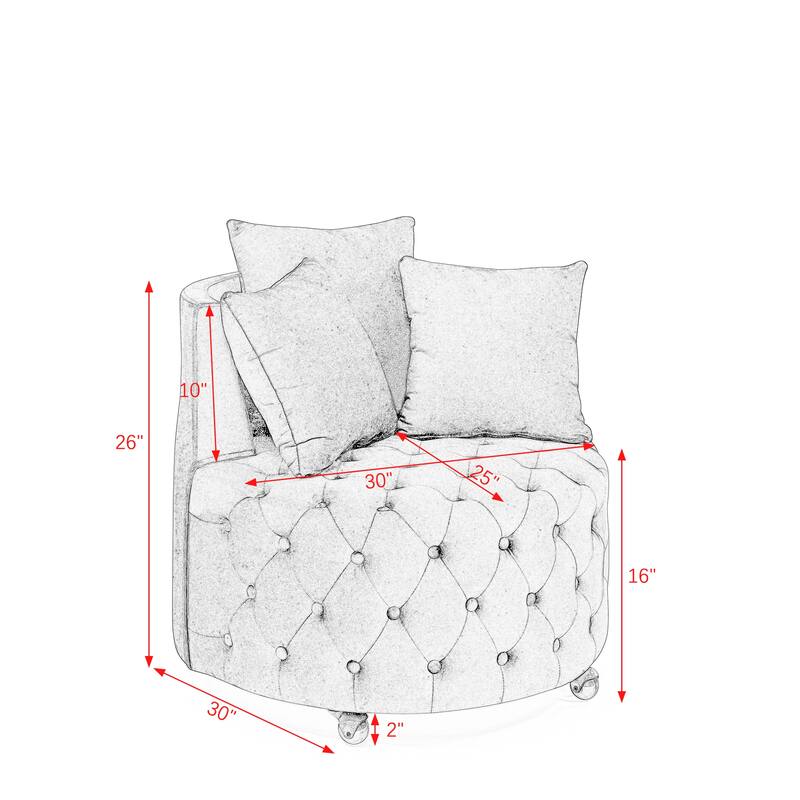 Roomfitters Velvet Swivel Chair with Tufted Button Design, Round Accent Chair with 3 Pillows and Wheels, Lounge Seating