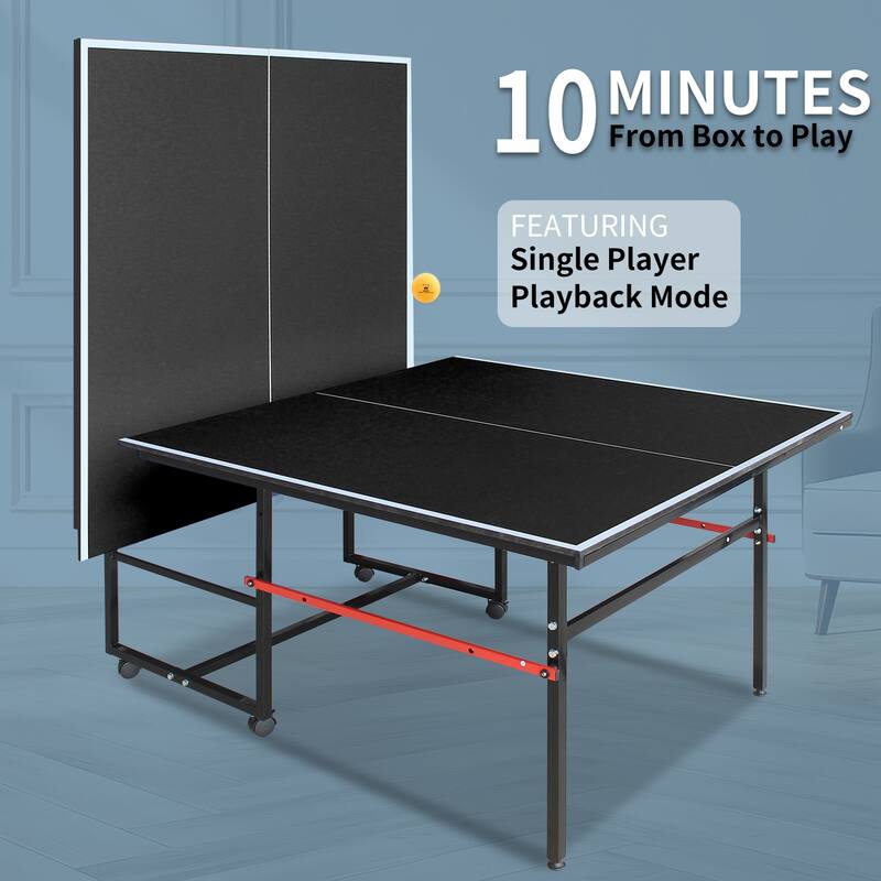 8ft Black Mid-Size Table Tennis Table Foldable & Portable Ping Pong Table Set with Net, 2 Table Tennis Paddles and 3 Balls