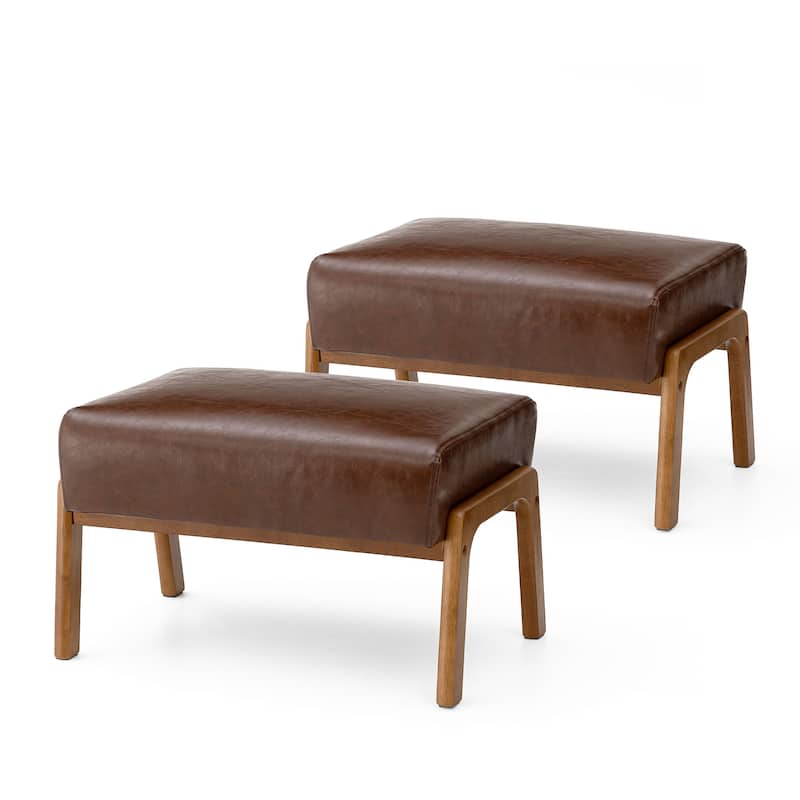 Glitzhome Set of 2 Mid-century Leatherette Ottoman Accent Stools