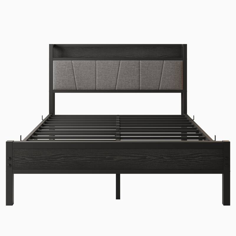 Grey Full Platform Bed Frame in Metal & Wood with Storage Headboard and Charging Station