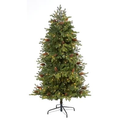 5.5' Yukon Mountain Fir Artificial Christmas Tree with 250 Clear Lights, Pine Cones and 800 Bendable Branches