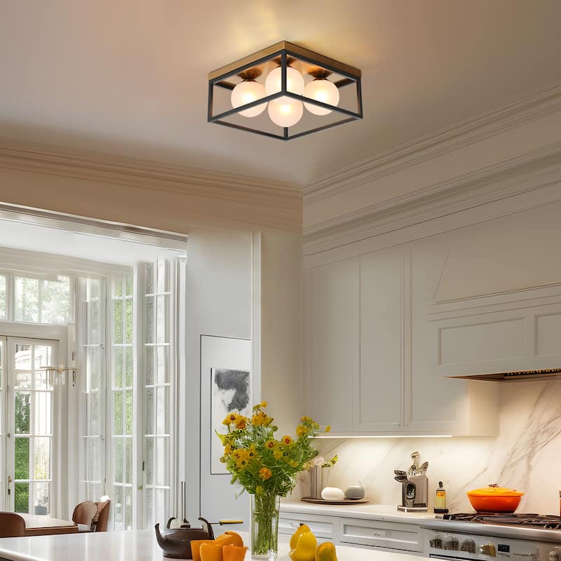 Modern Black Gold 4-Light Semi Flush Mount Ceiling Light with Frosted Globe Glass - D14"xH6.5"