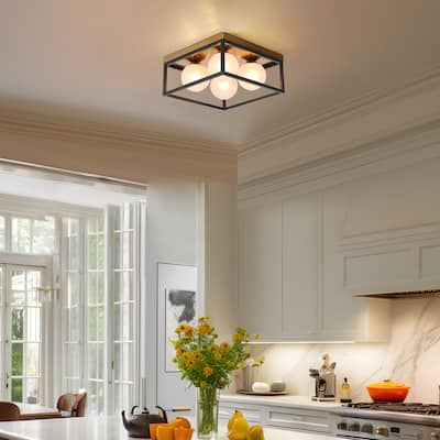 Modern Black Gold 4-Light Semi Flush Mount Ceiling Light with Frosted Globe Glass - D14"xH6.5"