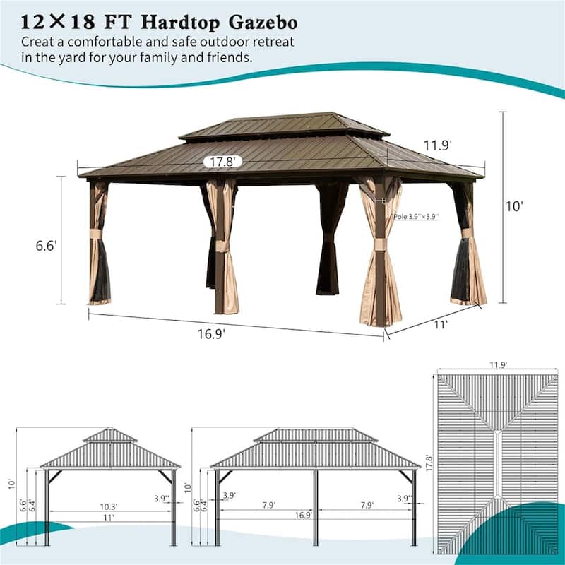 12' X 18' Hardtop Metal Gazebo w/ Galvanized Steel Double Roof Canopy